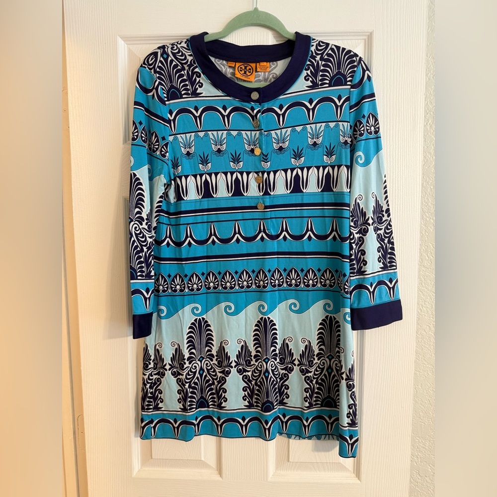 Tory Burch Blue Monochrome Geometric Pattern Tunic Dress Size L Gold Buttons